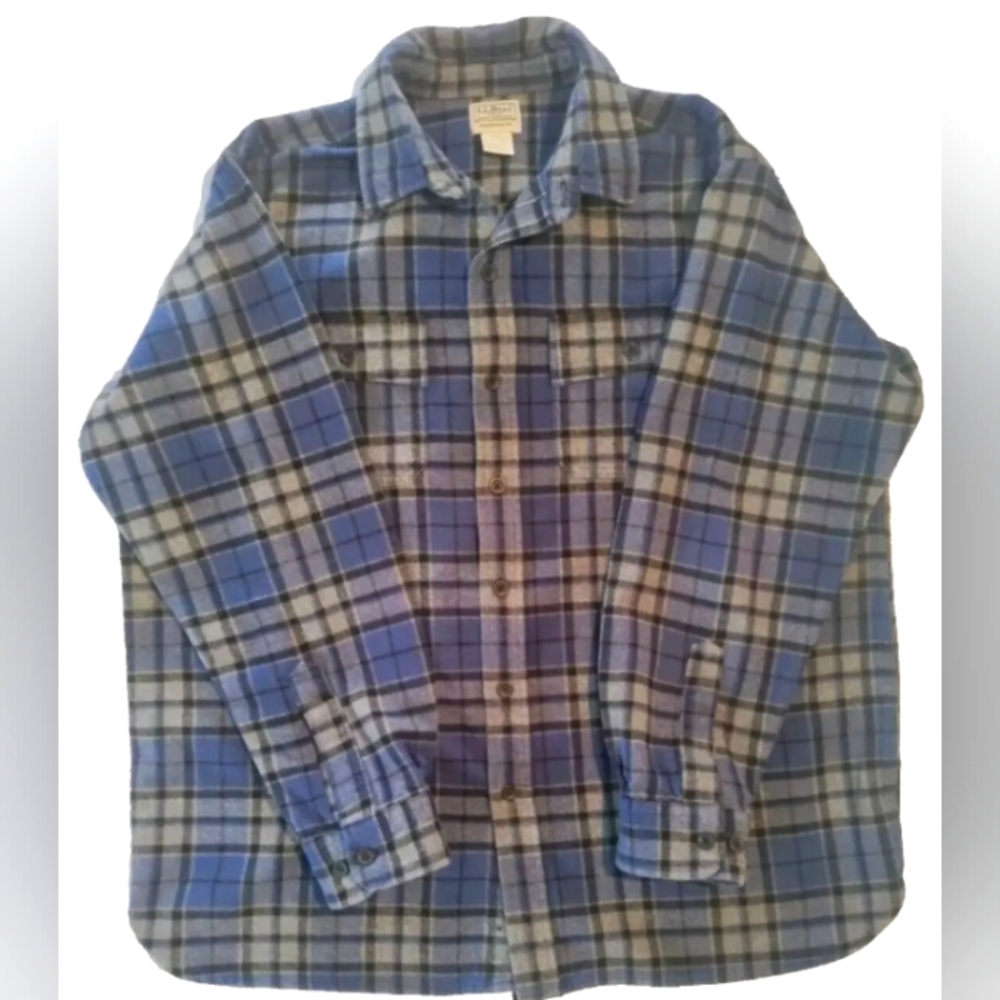 men's l.l. bean blue plaid heavy II chamois cloth button up shirt